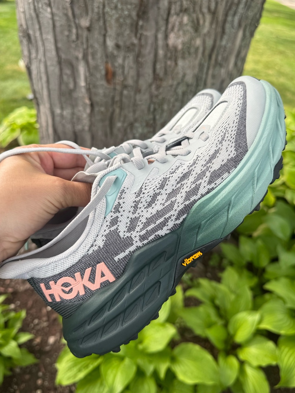 HOKA Speedgoat 5 Gray, Teal & Pink Accents NWOT
